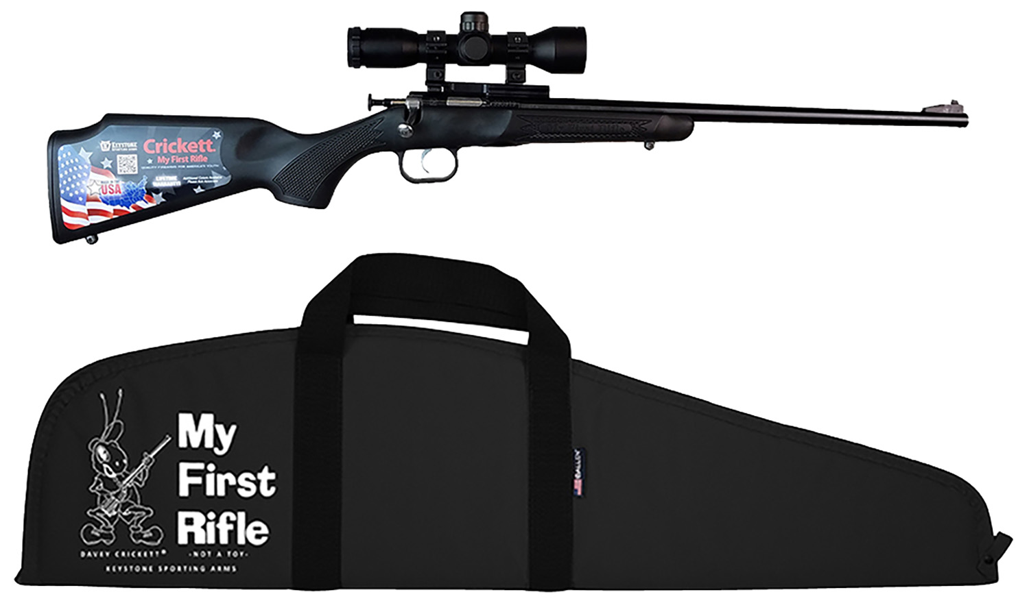 Crickett KSA2240BSC Youth .22 LR Rifle Crickett KSA2240BSC Youth .22 LR bolt action rifle black synthetic stock scope package | Shop Golden Brothers Co.