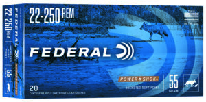 Federal 22250A Power-Shok 22-250Rem 55gr Jacketed Soft Point 20 Per Box/10 Case